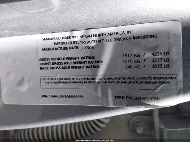 Aukcja sprzedaży 2016 Nissan Altima 2.5/2.5 S/2.5 Sl/2.5 Sr/2.5 Sv, vin: 1N4AL3AP6GN369988, numer aukcji: 44859904