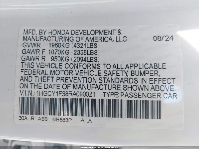Aukcja sprzedaży 2024 Honda Accord Ex, vin: 1HGCY1F38RA090021, numer aukcji: 44859908