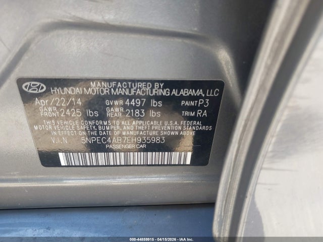44859915 :رقم المزاد ، 5NPEC4AB7EH935983 vin ، 2014 Hyundai Sonata Se 2.0t مزاد بيع
