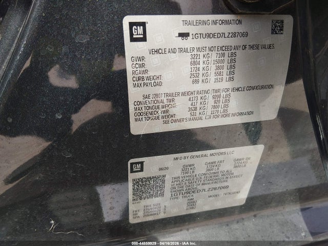 2020 Gmc Sierra 1500 4wd  Standard Box Slt მანქანა იყიდება აუქციონზე, vin: 1GTU9DED7LZ287069, აუქციონის ნომერი: 44859929