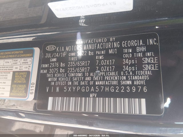 Продаж на аукціоні авто 2017 Kia Sorento 3.3l Lx, vin: 5XYPGDA57HG223976, номер лоту: 44859962