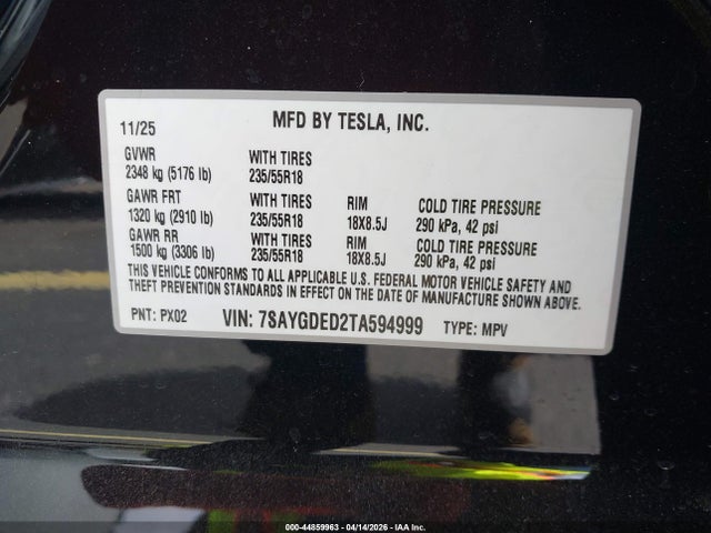 Продажа на аукционе авто 2026 Tesla Model Y Premium Rear-wheel Drive/standard Rear-wheel Drive, vin: 7SAYGDED2TA594999, номер лота: 44859963