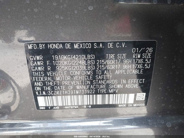 Продажа на аукционе авто 2026 Honda Hr-v 2wd Lx, vin: 3CZRZ1H39TM733922, номер лота: 44859965