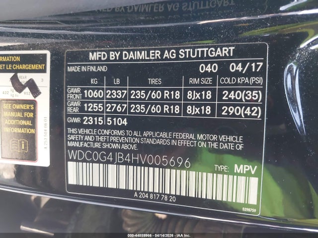 44859966 :رقم المزاد ، WDC0G4JB4HV005696 vin ، 2017 Mercedes-benz Glc 300 مزاد بيع