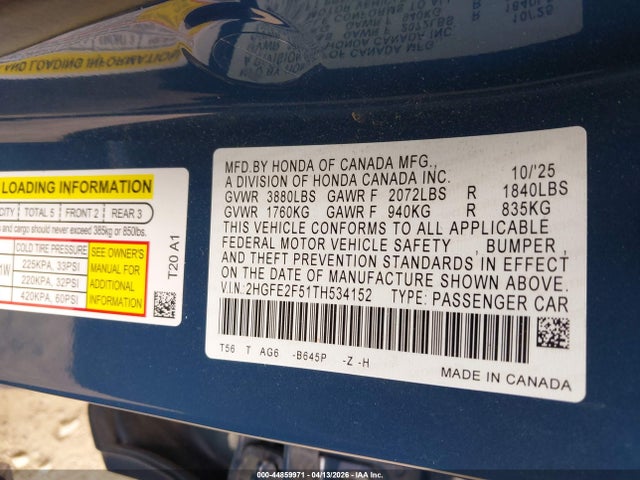 Auction sale of the 2026 Honda Civic Sport, vin: 2HGFE2F51TH534152, lot number: 44859971