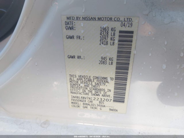 Aukcja sprzedaży 2019 Nissan Altima 2.5 S, vin: 1N4BL4BV7KC223207, numer aukcji: 44859975