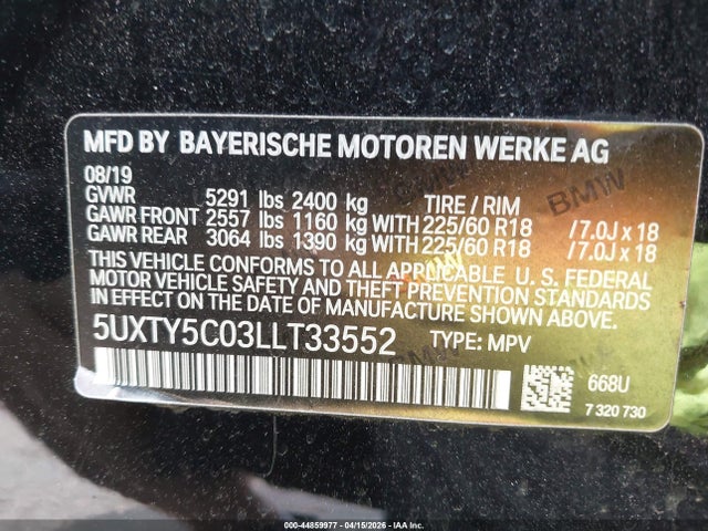 44859977 :رقم المزاد ، 5UXTY5C03LLT33552 vin ، 2020 Bmw X3 Xdrive30i مزاد بيع