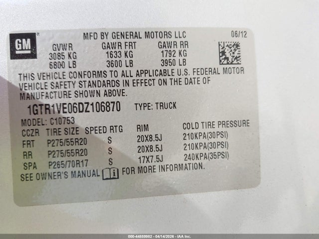 Продаж на аукціоні авто 2013 Gmc Sierra 1500 Sle, vin: 1GTR1VE06DZ106870, номер лоту: 44859982