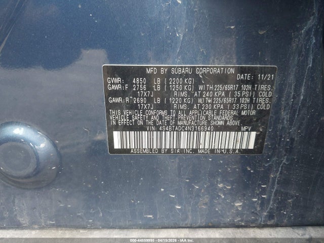 2022 Subaru Outback Premium მანქანა იყიდება აუქციონზე, vin: 4S4BTADC4N3166940, აუქციონის ნომერი: 44859995