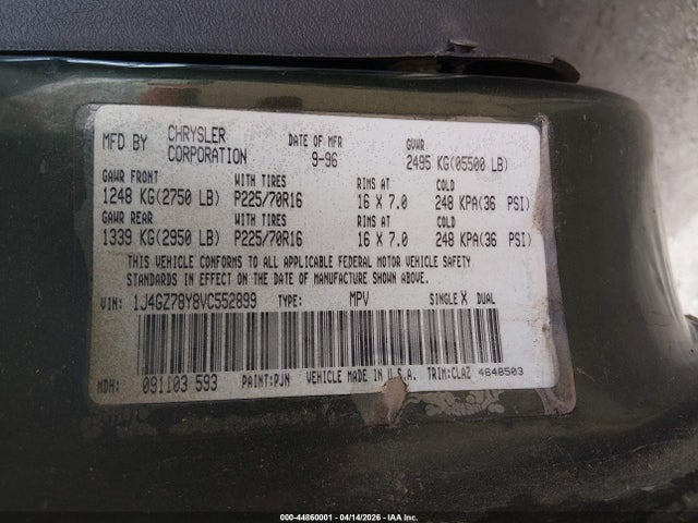 44860001 :رقم المزاد ، 1J4GZ78Y8VC552899 vin ، 1997 Jeep Grand Cherokee Limited مزاد بيع