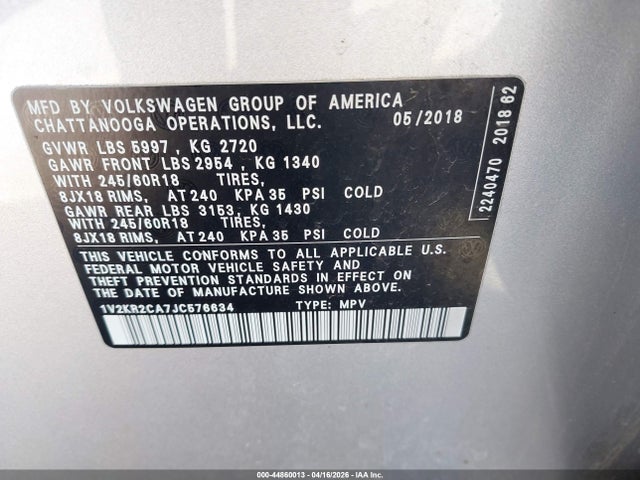 2018 Volkswagen Atlas 3.6l V6 Se მანქანა იყიდება აუქციონზე, vin: 1V2KR2CA7JC576634, აუქციონის ნომერი: 44860013