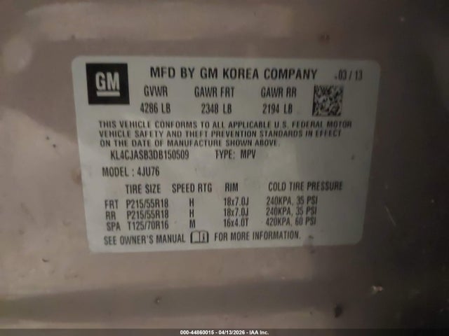 2013 Buick Encore მანქანა იყიდება აუქციონზე, vin: KL4CJASB3DB150509, აუქციონის ნომერი: 44860015