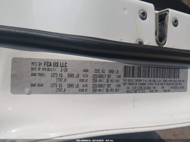 44860018 :رقم المزاد ، 1C4PJLCB9LD614648 vin ، 2020 Jeep Cherokee Latitude Fwd مزاد بيع