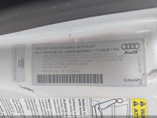 44860020 :رقم المزاد ، TRUAF38J181022845 vin ، 2008 Audi Tt 2.0t مزاد بيع