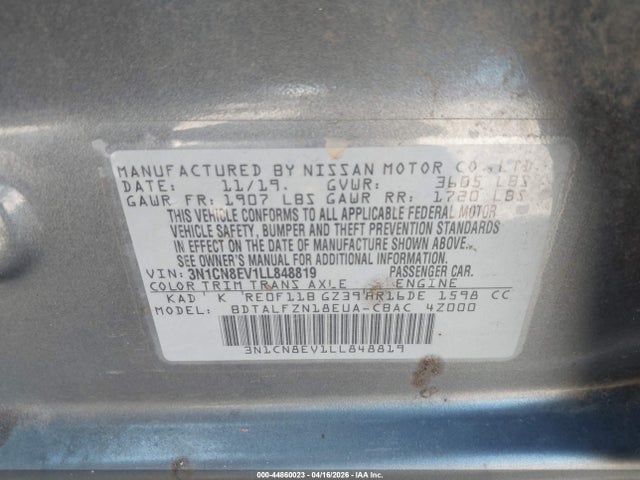 Aukcja sprzedaży 2020 Nissan Versa Sv Xtronic Cvt, vin: 3N1CN8EV1LL848819, numer aukcji: 44860023