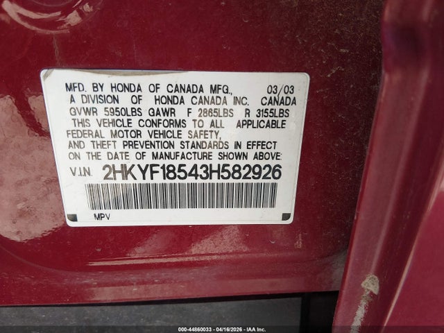 2003 Honda Pilot Ex-l მანქანა იყიდება აუქციონზე, vin: 2HKYF18543H582926, აუქციონის ნომერი: 44860033