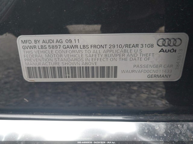 2012 Audi A8 L 4.2 მანქანა იყიდება აუქციონზე, vin: WAURVAFD0CN011433, აუქციონის ნომერი: 44860036