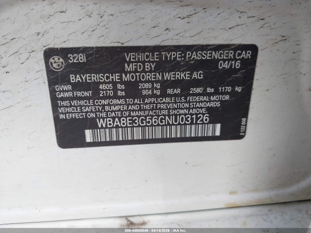44860046 :رقم المزاد ، WBA8E3G56GNU03126 vin ، 2016 Bmw 328i Xdrive مزاد بيع