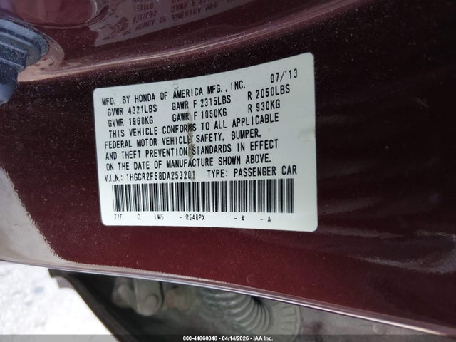 2013 Honda Accord Sport მანქანა იყიდება აუქციონზე, vin: 1HGCR2F58DA253201, აუქციონის ნომერი: 44860048