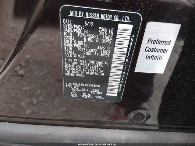 Продажа на аукционе авто 2012 Infiniti Qx56, vin: JN8AZ2NF6C9518086, номер лота: 44860051