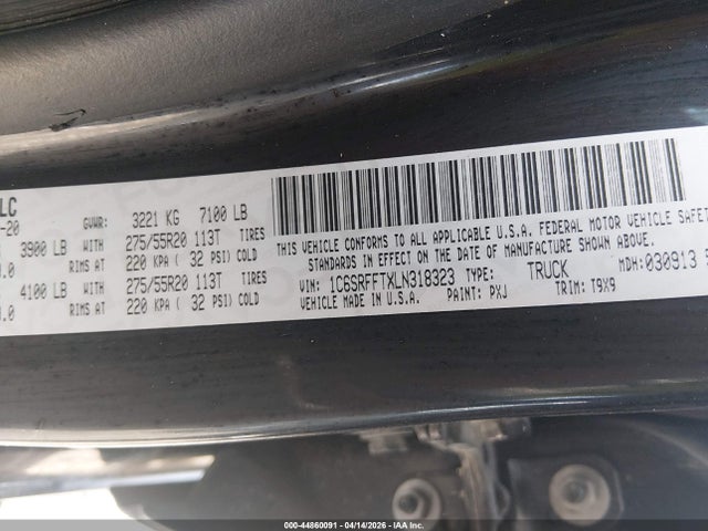 2020 Ram 1500 Big Horn  4x4 5'7 Box მანქანა იყიდება აუქციონზე, vin: 1C6SRFFTXLN318323, აუქციონის ნომერი: 44860091
