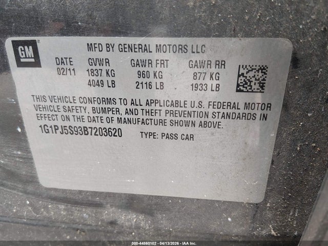 Продаж на аукціоні авто 2011 Chevrolet Cruze Eco, vin: 1G1PJ5S93B7203620, номер лоту: 44860102