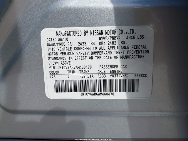 Aukcja sprzedaży 2010 Infiniti G37x, vin: JN1CV6AR6AM460470, numer aukcji: 44860119
