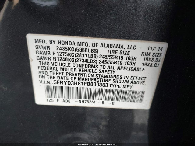 Aukcja sprzedaży 2015 Acura Mdx Advance Pkg W/entertainment Pkg, vin: 5FRYD3H81FB009303, numer aukcji: 44860120