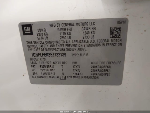 44860151 :رقم المزاد ، 1GNFLFEK8EZ132139 vin ، 2014 Chevrolet Equinox 1lt مزاد بيع