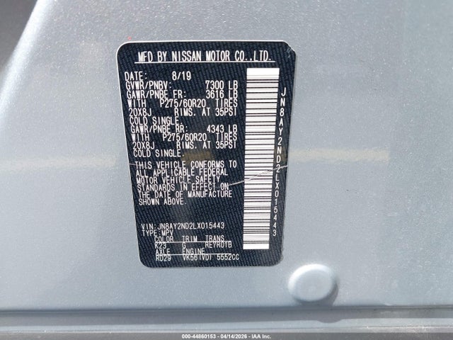 2020 Nissan Armada Sl 2wd მანქანა იყიდება აუქციონზე, vin: JN8AY2ND2LX015443, აუქციონის ნომერი: 44860153