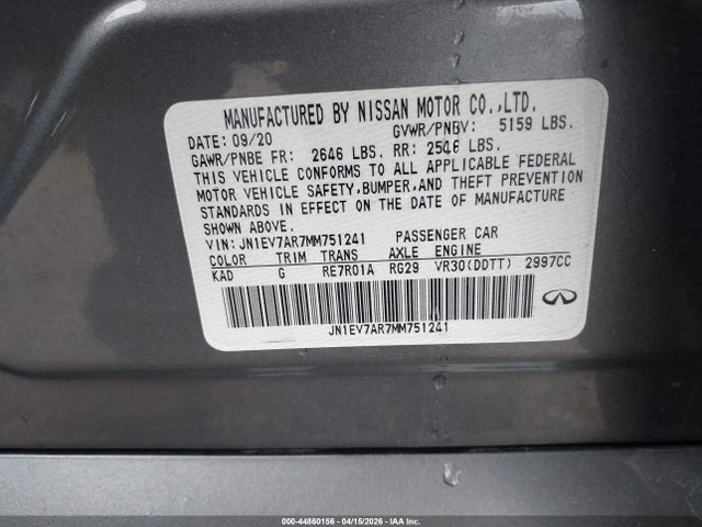 44860156 :رقم المزاد ، JN1EV7AR7MM751241 vin ، 2021 Infiniti Q50 Pure Awd مزاد بيع