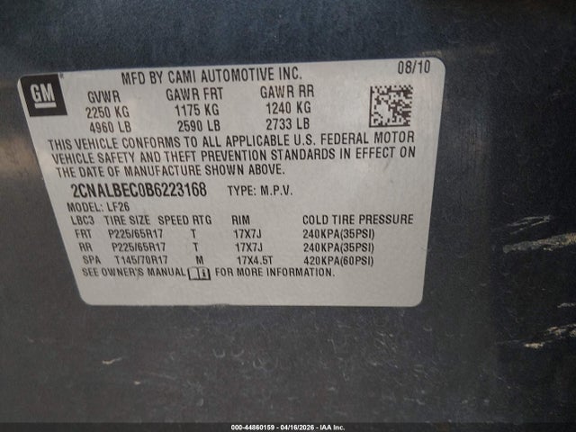 2011 CHEVROLET EQUINOX 2CNALBEC0B6223168 Photo 8