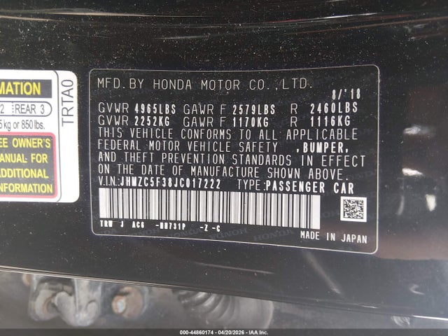 Продажа на аукционе авто 2018 Honda Clarity Plug-in Hybrid Touring, vin: JHMZC5F38JC017222, номер лота: 44860174