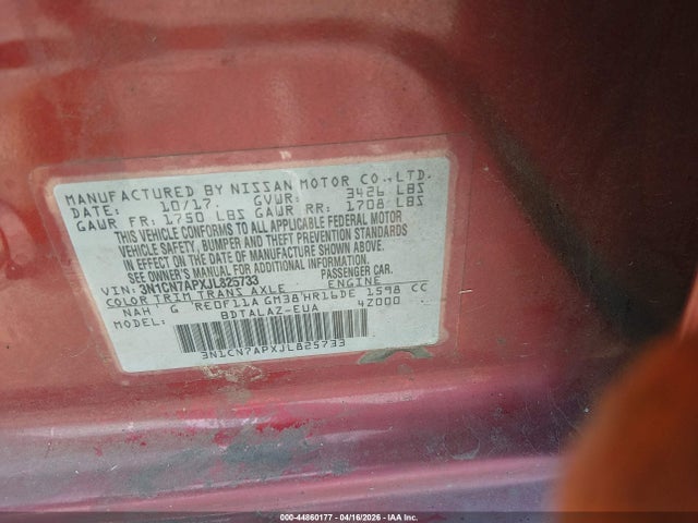 3N1CN7APXJL825733 Nissan Versa 1.6 S+