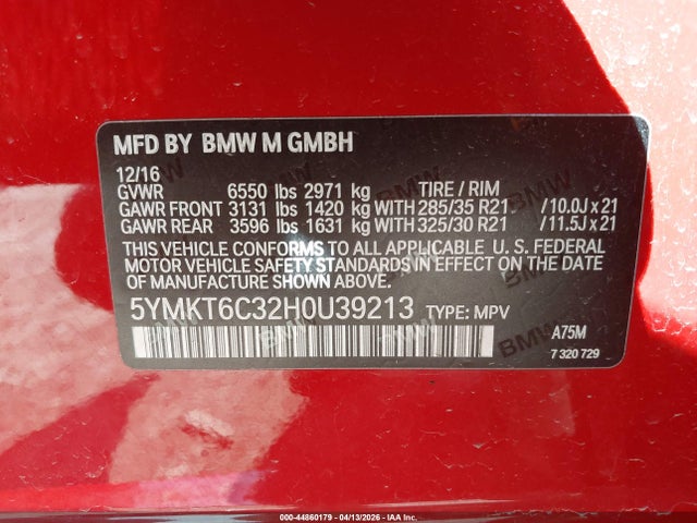 Продажа на аукционе авто 2017 Bmw X5 M, vin: 5YMKT6C32H0U39213, номер лота: 44860179
