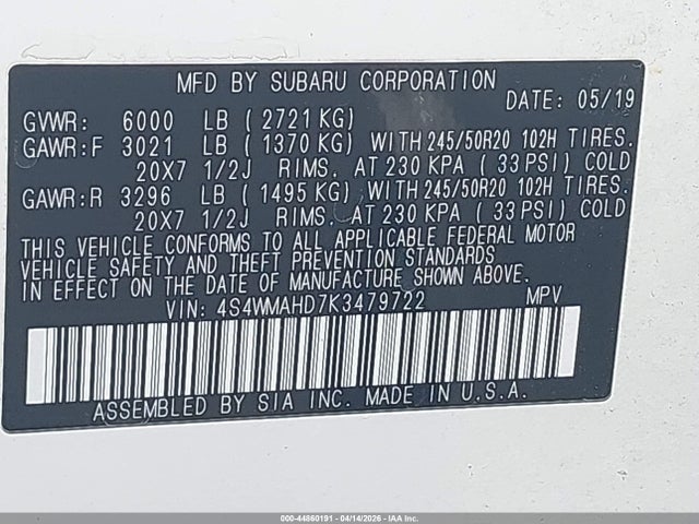 44860191 :رقم المزاد ، 4S4WMAHD7K3479722 vin ، 2019 Subaru Ascent Premium مزاد بيع