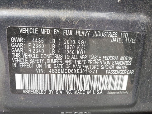 44860193 :رقم المزاد ، 4S3BMCD6XE3019271 vin ، 2014 Subaru Legacy 2.5i Premium مزاد بيع