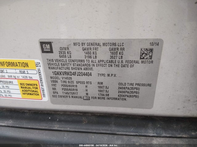 Aukcja sprzedaży 2015 Gmc Acadia Slt-1, vin: 1GKKVRKD4FJ204404, numer aukcji: 44860198