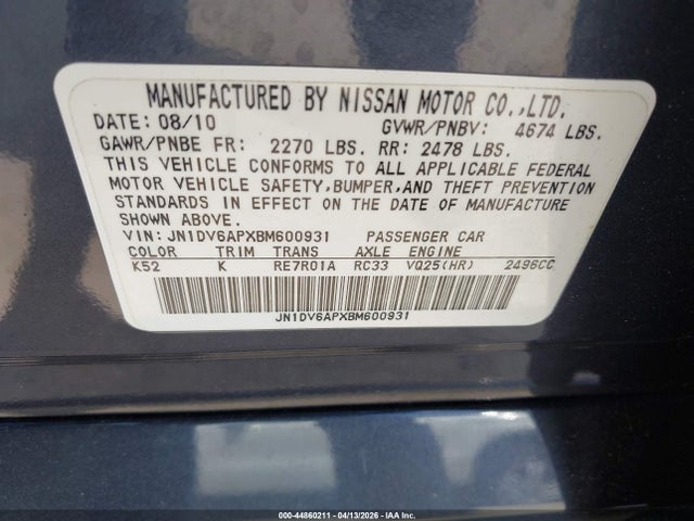 44860211 :رقم المزاد ، JN1DV6APXBM600931 vin ، 2011 Infiniti G25 Journey مزاد بيع