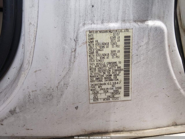 Aukcja sprzedaży 2008 Nissan Pathfinder Le V8, vin: 5N1BR18AX8C613847, numer aukcji: 44860212