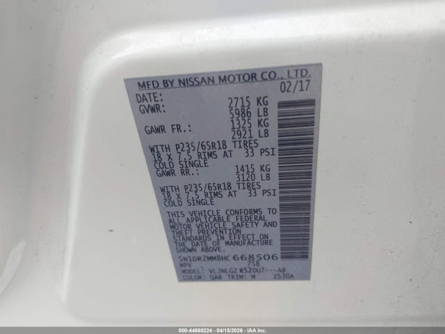 5N1DR2MM8HC668506 Nissan Pathfinder Sl