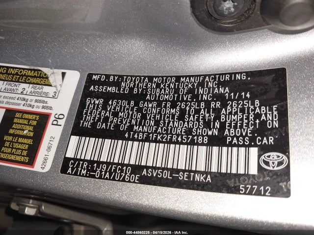 44860225 :رقم المزاد ، 4T4BF1FK2FR457188 vin ، 2015 Toyota Camry Le مزاد بيع