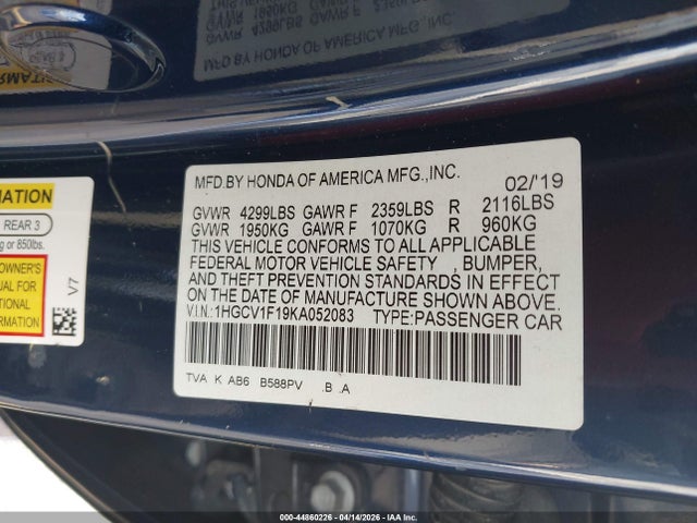 2019 Honda Accord Lx მანქანა იყიდება აუქციონზე, vin: 1HGCV1F19KA052083, აუქციონის ნომერი: 44860226