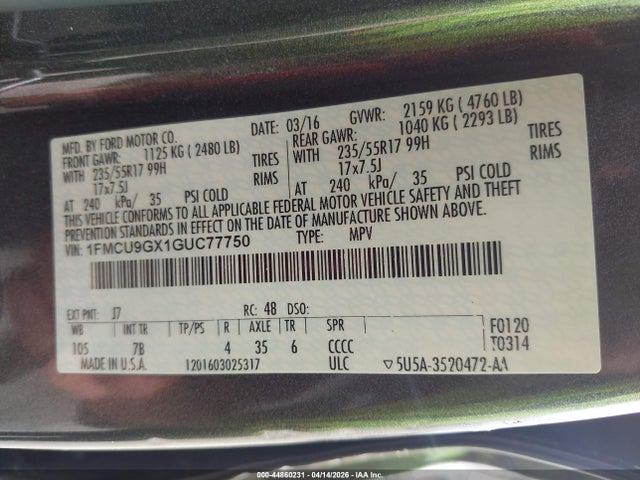 1FMCU9GX1GUC77750 Ford ESCAPE SE