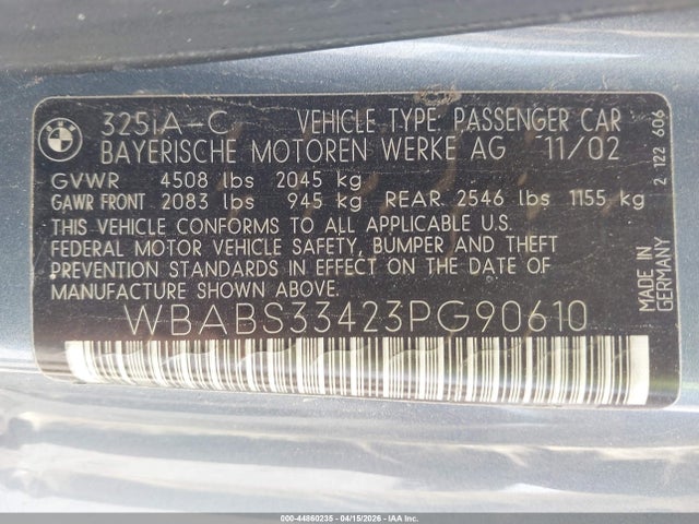 Продаж на аукціоні авто 2003 Bmw 325ci, vin: WBABS33423PG90610, номер лоту: 44860235