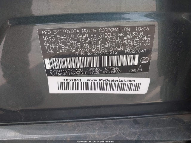 44860253 :رقم المزاد ، JTHBL46F275004212 vin ، 2007 Lexus Ls 460 مزاد بيع