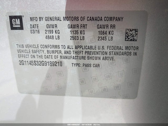 44860267 :رقم المزاد ، 2G1145S32G9189210 vin ، 2016 Chevrolet Impala 2lz مزاد بيع
