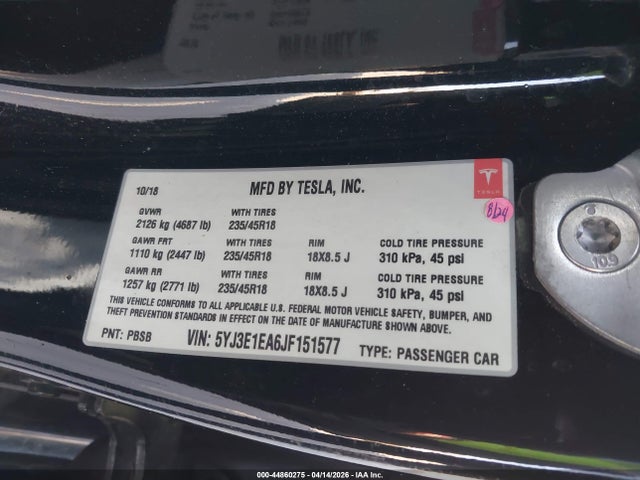 Aukcja sprzedaży 2018 Tesla Model 3 Long Range/mid Range, vin: 5YJ3E1EA6JF151577, numer aukcji: 44860275