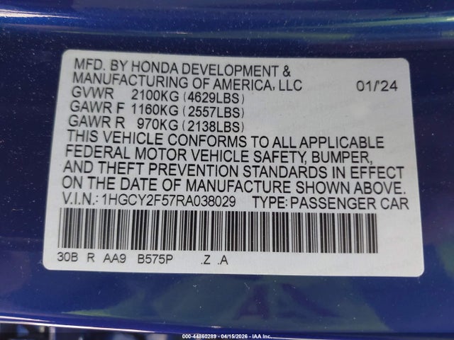 44860289 :رقم المزاد ، 1HGCY2F57RA038029 vin ، 2024 Honda Accord Hybrid Sport مزاد بيع
