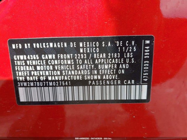 2026 Volkswagen Jetta Gli Autobahn მანქანა იყიდება აუქციონზე, vin: 3VW2M7BU7TM027541, აუქციონის ნომერი: 44860293